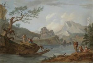 A Mountainous River Landscape With Figures Fishing In Theforeground A Mountainous River Landscape With Figures Fishing In Theforeground