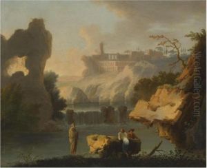 A Mendicant And Other Figures Before A Capriccio View Of Thewaterfalls At Tivoli