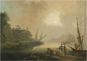 A Mediterranean Coastal Scene With Fishermen Unloading Their Catchin The Foreground by Claude-joseph Vernet