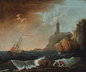 A Rocky Coastal Landscape With A Ship Indistress And Figures In The Foreground