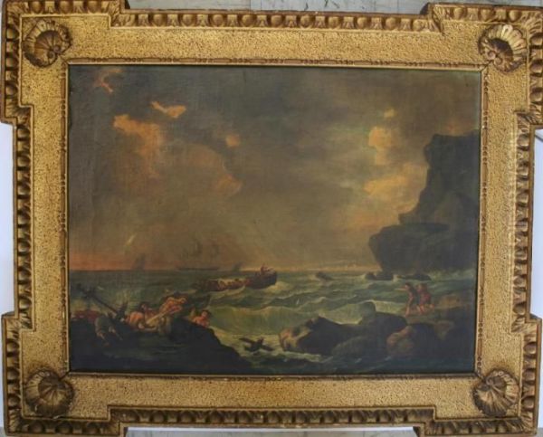 Coastal Scene With Figures On A Rocky Shore Oil On Canvas,
In A Gilt Frame Of Thomas Kent Design 44.5 X 59.5cm - view 1