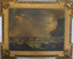 Coastal Scene With Figures On A Rocky Shore Oil On Canvas,
In A Gilt Frame Of Thomas Kent Design 44.5 X 59.5cm