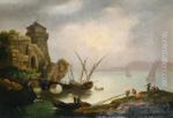 A Harbour Scene With Fishermen Unloading Boatsand Drawing Up Their Nets - view 1