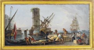 A Mediterranean Port With Figures On The Quay by Claude-joseph Vernet