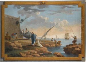 A Harbour Scene With Oriental Figures Near A Well In A Trompl'oeil Frame