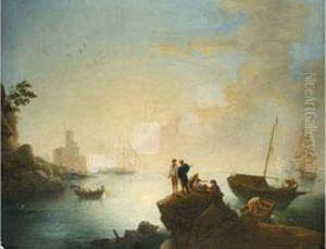 Meeresbucht Mit Fischern, Segelschiffen Und Einer Burg Am Klippenufer