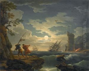 Fishermen On A Stormy Coast In The Moonlight - Evening by Claude-joseph Vernet