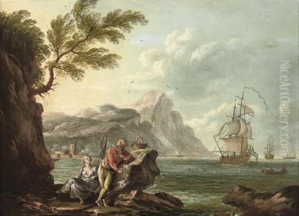 A Mediterranean Coastal Inlet With Figures On A Bank, Shippingbeyond - view 1