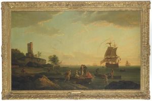 Morning: A Coastal Landscape With Fishermen Unloading Their Catchand A Ships Beyond by Claude-joseph Vernet