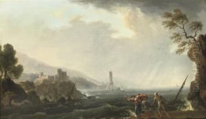 A Rocky Coastal Landscape With Figures Fleeing From Stormywaters