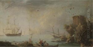 A Mediterranean Harbour Scene With Fishermen Selling Their Wares In The Foreground by Claude-joseph Vernet