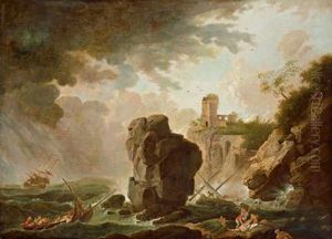 Del Xviii Secolo Naufragio Nel Mare In Tempesta Di Fronte A Una Costa Rocciosa