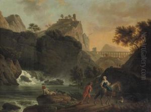 A Mountainous River Landscape
With Travellers On A Track, A Town On A Hill And A Roman Acquaduct
Beyond by Claude-joseph Vernet