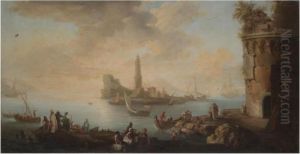 A Mediterranean Harbour Scene
With Figures Unloading Freight From Boats And Tradesmen In The
Foreground, A Lighthouse Beyond by Claude-joseph Vernet