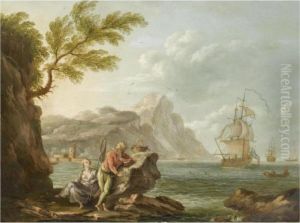 A Mediterranean Coastal Scene With A Couple Fishing In The Foreground