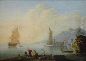 A Mediterranean Harbour Scene With Figures In The Foreground