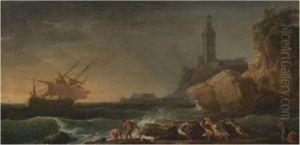 A Mediterranean Coastal Scene
With Shipping In Stormy Seas And Fishermen In The Foreground by Claude-joseph Vernet