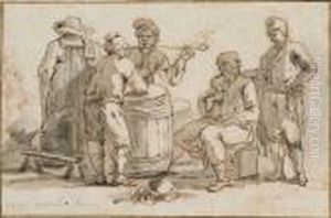 A Group Of Men Talking Around A Barrel, One Smoking