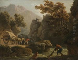 A Mountainous River Landscape
With Fishermen In The Foreground, And A Traveller Leading A Wagon With
His Family Resting Inside by Claude-joseph Vernet