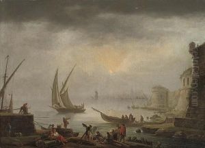 A Harbour At Sunset With Fishermen And Villagers Cooking Fish Over An Open Fire