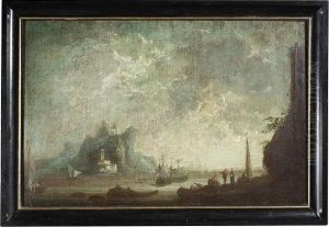 A Bay With Anchoring Ships And Various Figures. One In A Pair