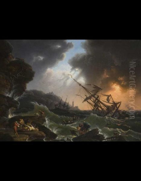 Velieri E Marinai Travolti Dal Mare In Tempesta, Sullo Sfondo Faro E Paesaggio - view 1
