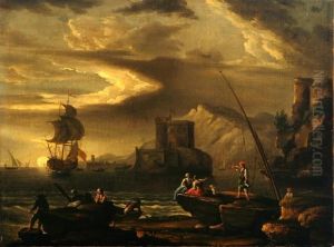 Vernet, His Style: A Sunset Coastal Scenery With Castle, Ships And Figures. Unframed by Claude-joseph Vernet