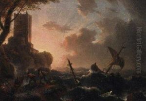Shipwreck On The Rocky Coast. On The Cliffs A Fort by Claude-joseph Vernet