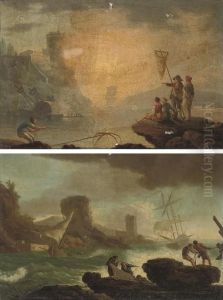 A Mediterranean Coastal Inlet At
 Sunset With Fishermen On The Bank, A Man-o'war And A Town Beyond; And 
Shipping In Choppy Seas With Fishermen In The Forerground by Claude-joseph Vernet