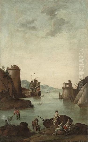 A Mediterranean Coastal Inlet
With A Fortified Town, Figures Fishing In The Foreground And A Ship
Beyond; And A Mediterranean Coastal Inlet With A Fortified Town, With
Figures Fishing And Disembarquing From A Boat In The Foreground And A
Ship Beyo - view 1