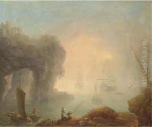 A Mediteranian Coast At Dawn
With Fishermen And Merchants In The Foreground, Various Shipping In The
Distance by Claude-joseph Vernet