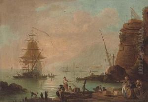 A Coastal Inlet With Merchants On The Shore And A Ship Beyond