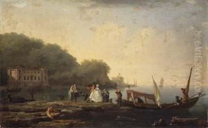 A Mediterranean Coastal
Landscape With Elegant Company Disembarking From An Italian Gondola by Claude-joseph Vernet