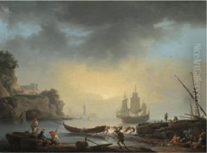 A Mediterranean Coastal Scene
With Fishermen Bringing In Their Boats And A Man Of War At Anchor Beyond by Claude-joseph Vernet