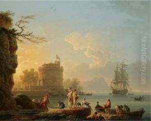 A Mediterranean Harbour Scene At
Sunset, With Fishermen Unloading Their Catch Before A Round Fortress, A
Man-of-war At Anchor Beyond by Claude-joseph Vernet