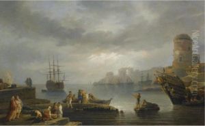 A Coastal Scene With Figures 
Unloading Goods From A Boat And A Harbour Beyond To The Right by Claude-joseph Vernet
