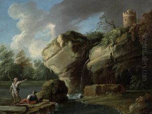 Flusslandschaft Mit Paar Am Felsen. Flusslandschaft Mit Paar Am Felsen.