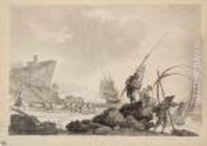 Vue D'une Plage Avec Des
Rochers, Des Pecheurs Tirant Leurs Filets, Un Bateau Et Un Port I
L'arriere-plan by Claude-joseph Vernet