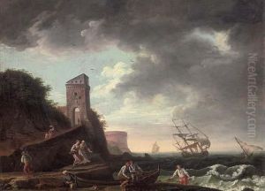 A Mediterranean Coastal Inlet With Fishermen And Their Catch by Claude-joseph Vernet