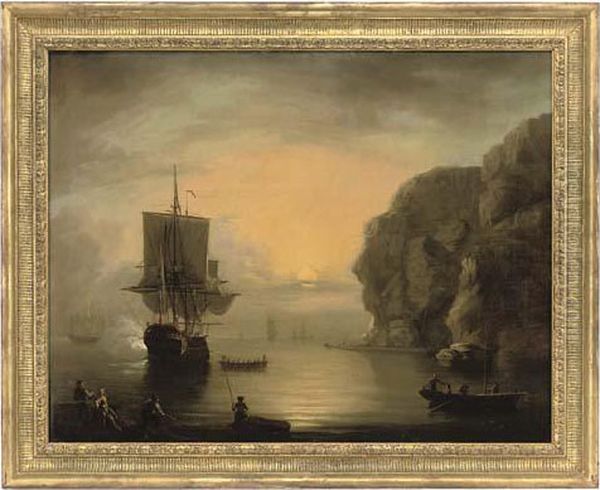 A British Frigate And Other Ships In A Calm, At Sunset - view 1