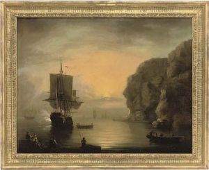 A British Frigate And Other Ships In A Calm, At Sunset