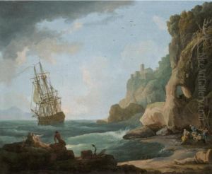 A Mediterranean Coastal Scene With Shipping In A Breeze And Fishermen On The Shore by Claude-joseph Vernet