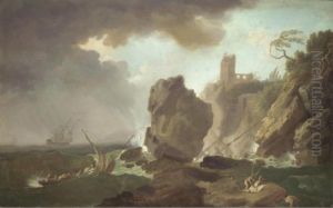 A Ship Being Wrecked Off A Mediterranean Coast by Claude-joseph Vernet