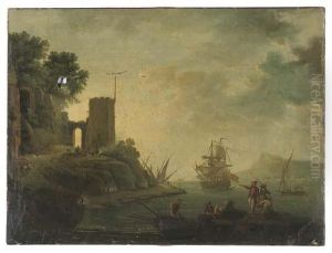 A Coastal Inlet With A Man-o' War And Fisherman, A Tower On The Bank by Claude-joseph Vernet