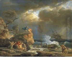 A Mediterranean Rocky Coastal 
Landscape With Survivors From A Shipwreck, By A Fortified Tower