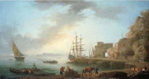 A Mediterranean Port With Fishing Boats, A Dutch Driemaster And Fisherman On A Quay by Claude-joseph Vernet