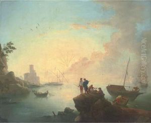 A Mediterranean Coastal Inlet With Fishermen And Anglers On A Rock