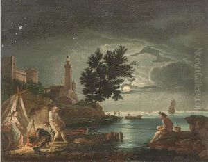 A Moonlit Mediterranean Coastal Landscape With Figures By A Fire