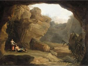Figures Resting By The Mouth Of A Cave, A Capriccio View Of Tivoli Beyond by Claude-joseph Vernet
