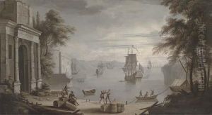 A Mediterranean Coastal Harbour,
 A Man'-o-war And Other Shipping With Figures On The Shore By Classical 
Buildings